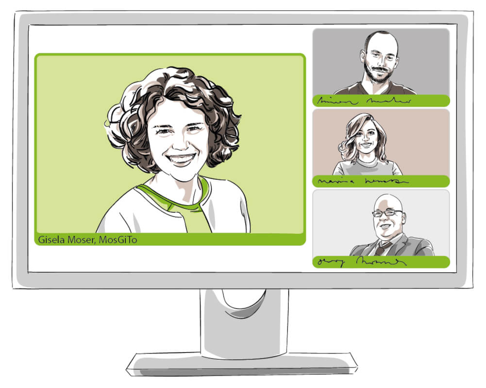 Illustration: ein PC mit einer Video-Konferenz, Gisela Moser und weitere Teilnehmer*innen