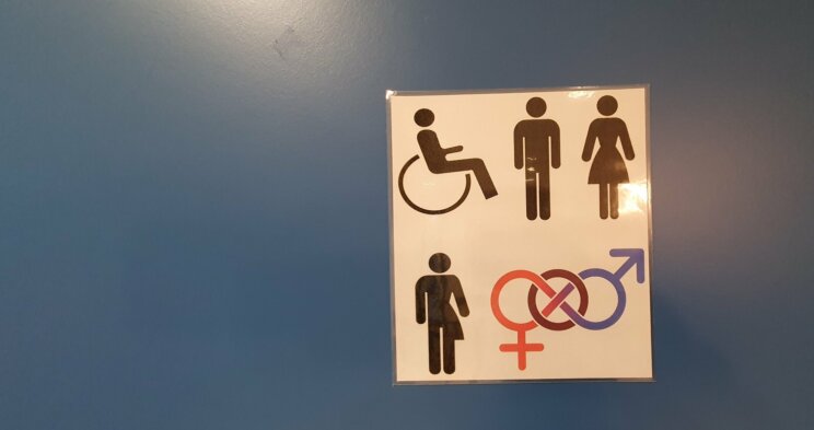 WC-Schild mit Piktogrammen für Menschen im Rollstuhl, Männer, Frauen, beide Geschlechter, usw.
